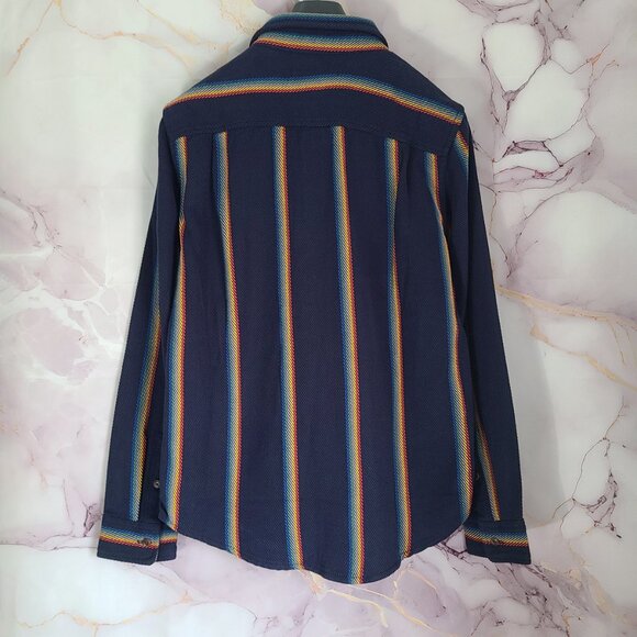 Outerknown NWT Sz M Organic Cotton Blanket Shirt Marine Rainbow Stripe - Picture 4 of 13